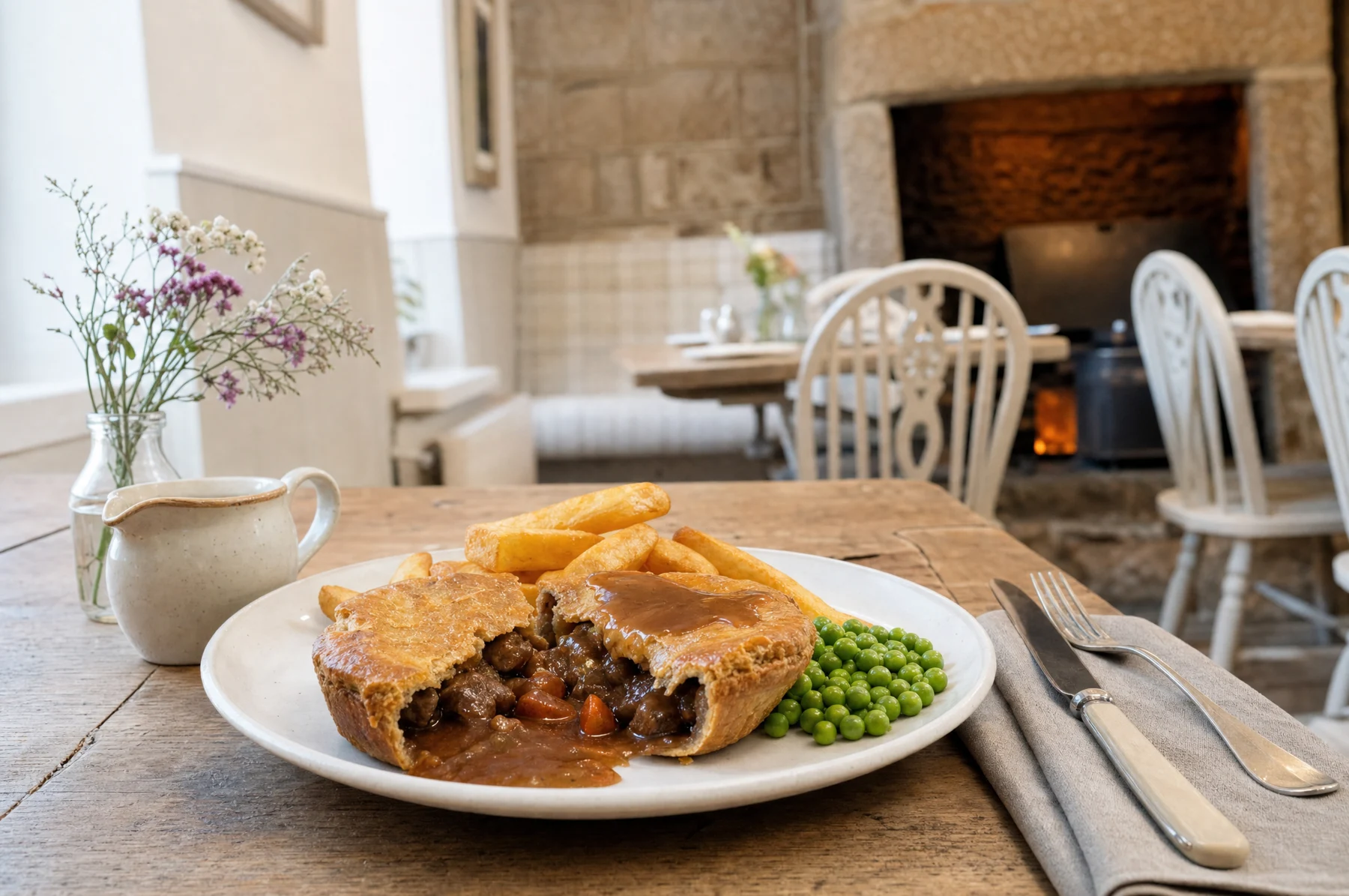 Illustrative serving of homemade steak pie with hand-cut chips, peas and a jug of gravy