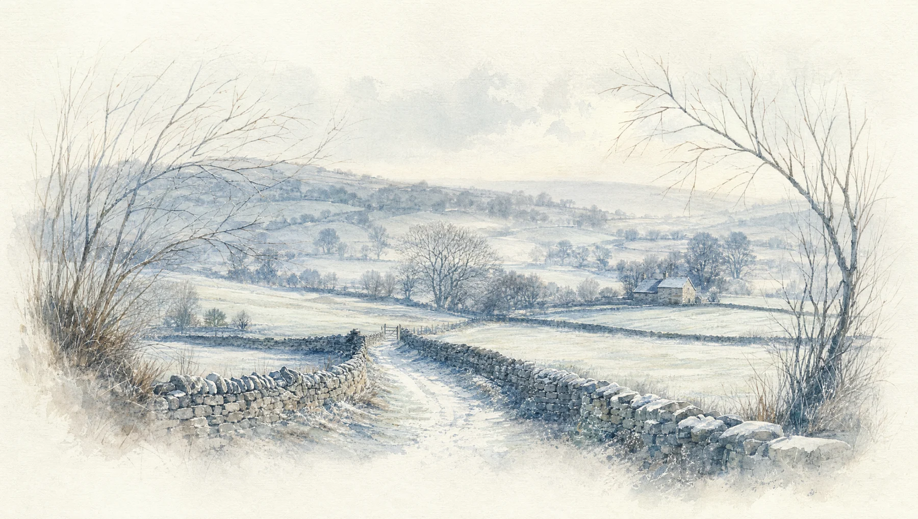 Watercolour of a quiet winter morning in the Yorkshire Dales